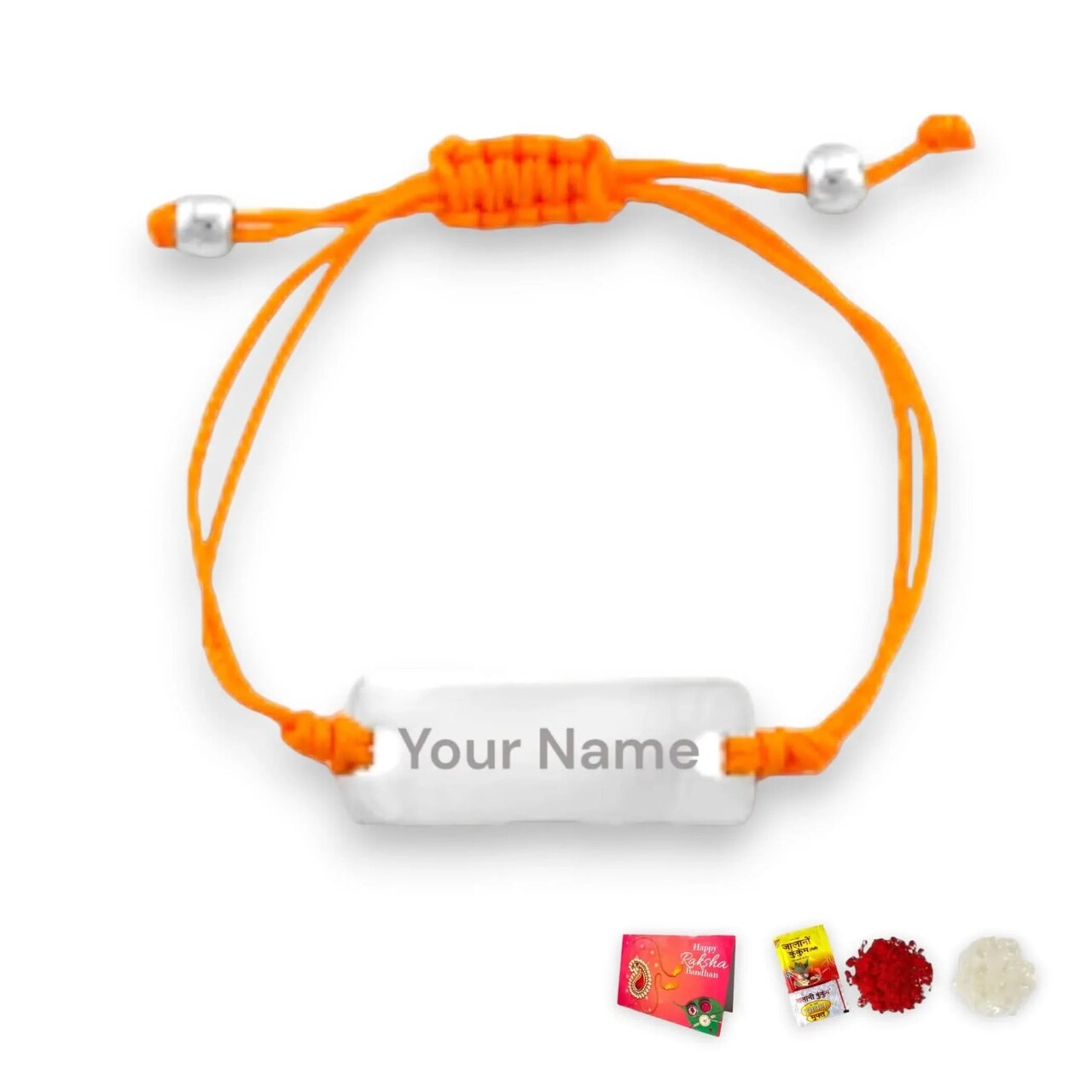 Personalized Stainless Steel Rakhi for Brother Custom Engraved Name Bracelet for Bhai Raksha Bandhan Customizable Thread Rakhi Gift Hamper with Roli Chawal Greeting Card